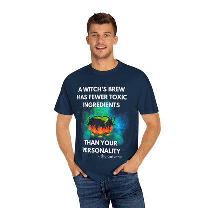 A navy t-shirt with a witch's cauldron design and text.