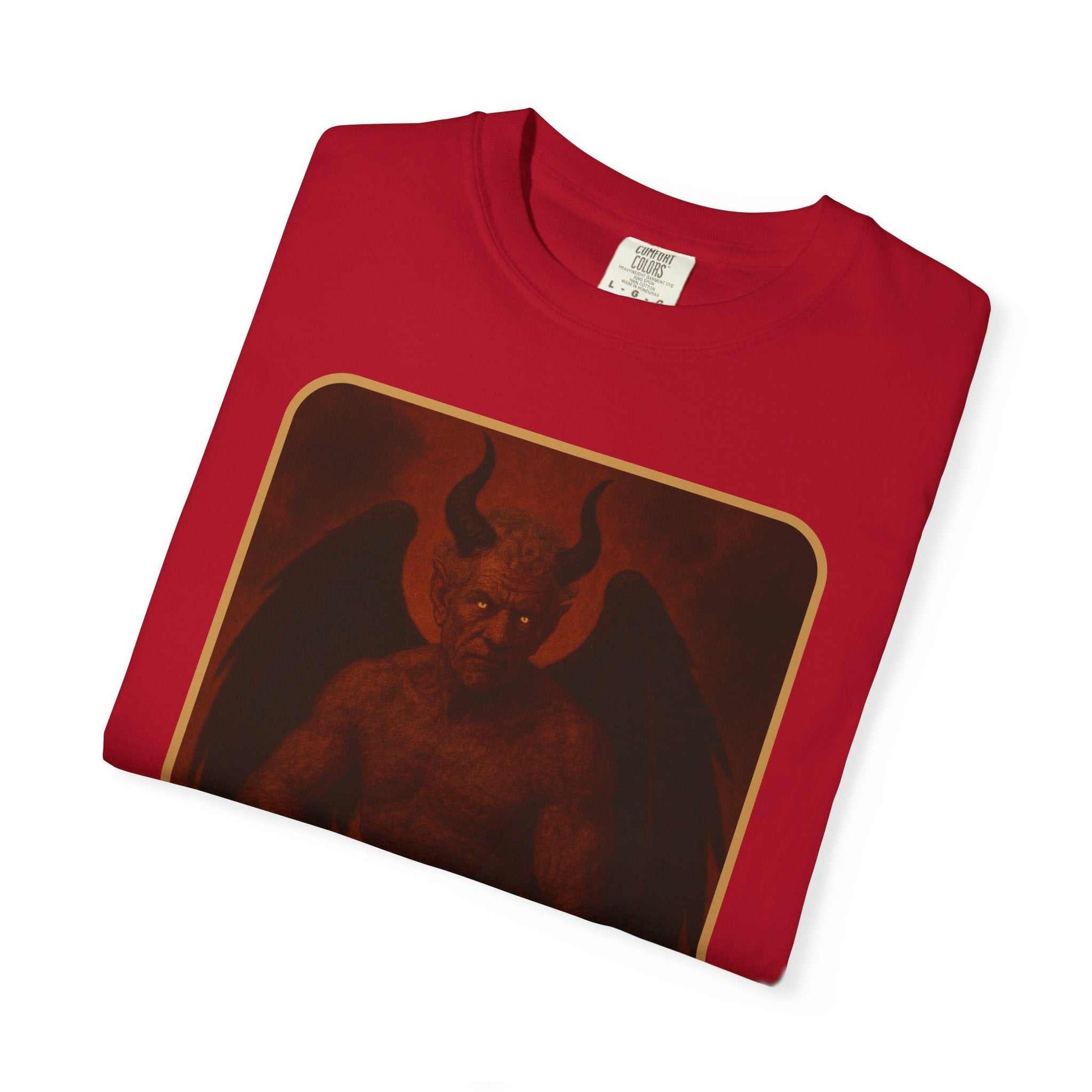 Devil Rethink Your Pride unisex garment-dyed cotton t-shirt with vintage devil graphic on red fabric