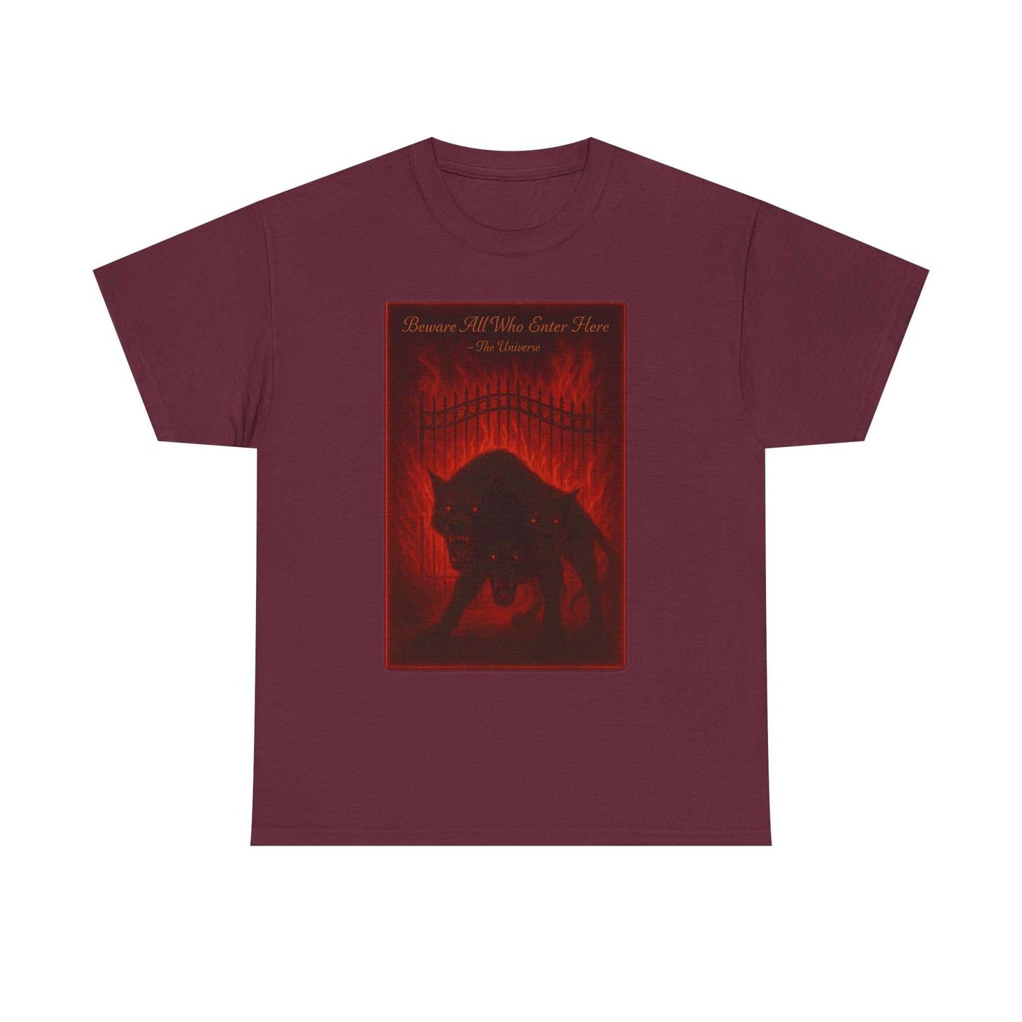 Maroon unisex heavy cotton t-shirt with dark Cerberus Guard mythical three-headed dog design