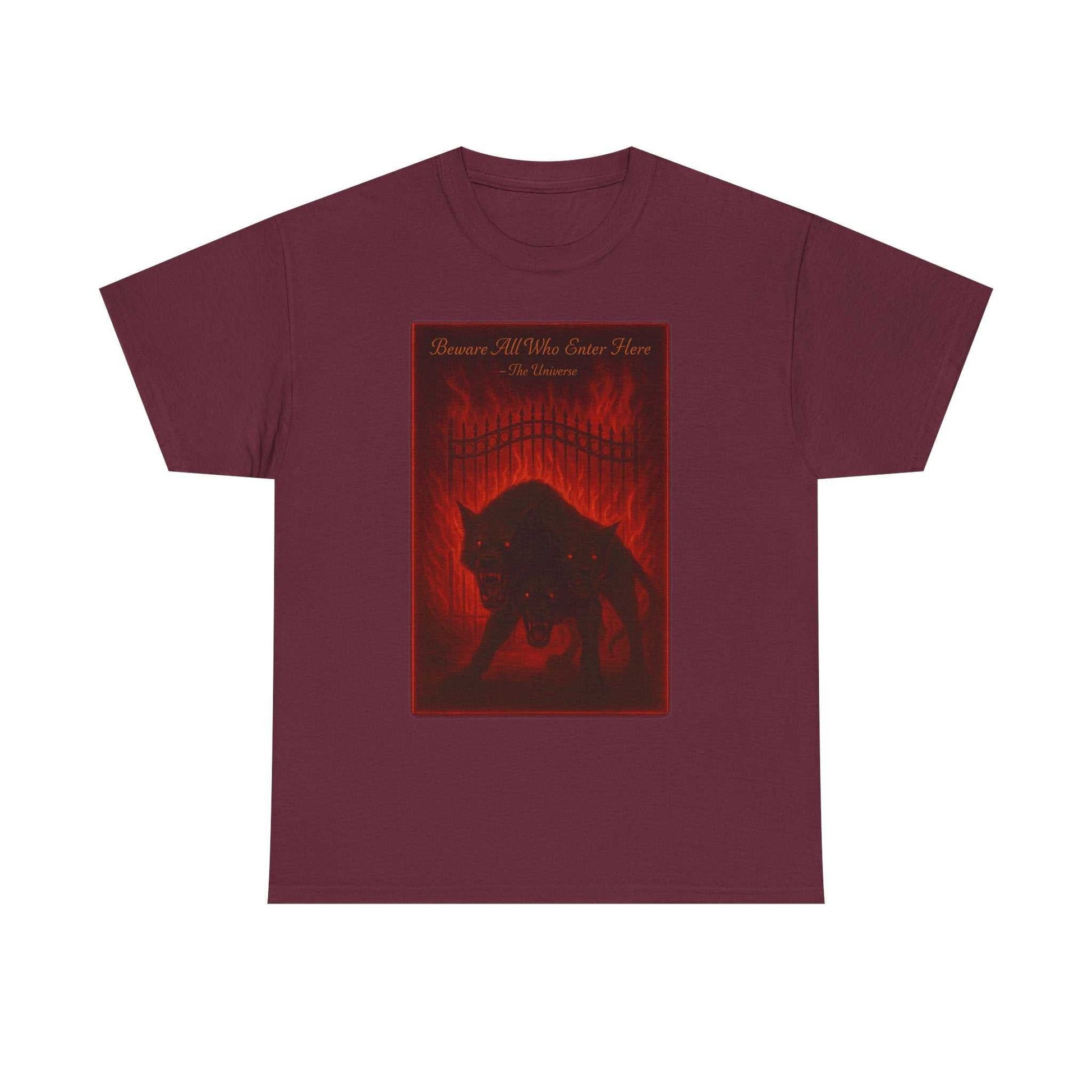 Maroon unisex heavy cotton t-shirt with dark Cerberus Guard mythical three-headed dog design