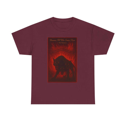 Maroon unisex heavy cotton t-shirt with dark Cerberus Guard mythical three-headed dog design