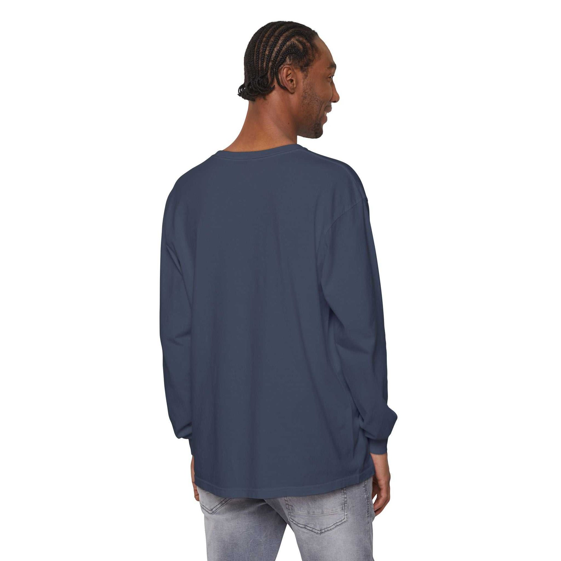 man wearing navy Comfort Colors long sleeve tee back view ready for battle graphic shirt