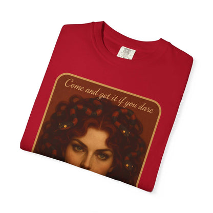 Red Comfort Colors® Medusa Graphic T-Shirt with "Come and Get It" design featuring Medusa's face and snakes in her hair