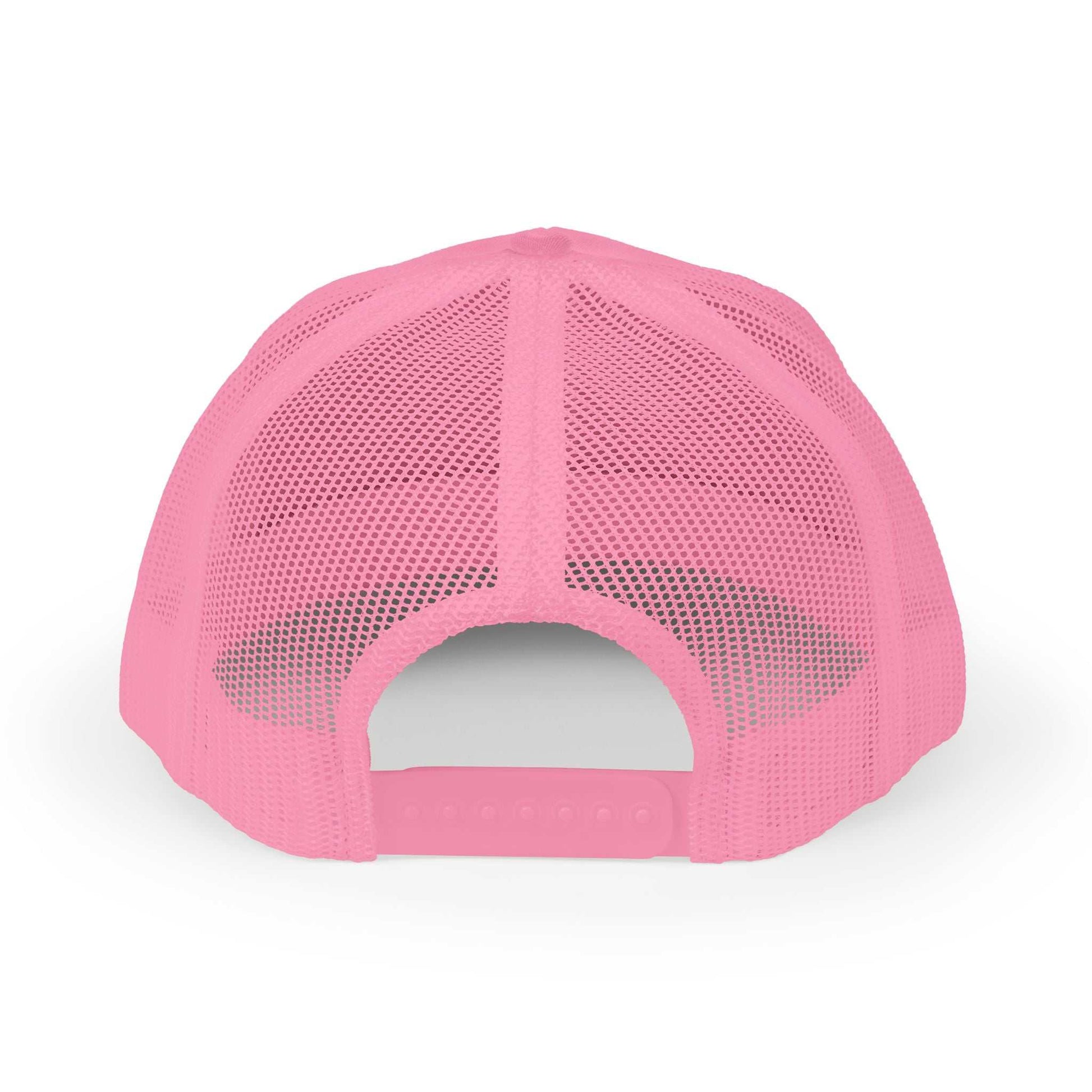 Back view of pink Planet Smile Trucker Cap with breathable mesh and adjustable snapback closure