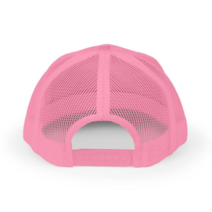 Back view of pink Planet Smile Trucker Cap with breathable mesh and adjustable snapback closure