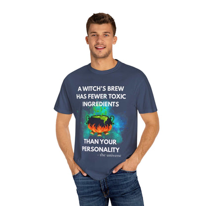 A navy t-shirt with a witch's brew design and text.