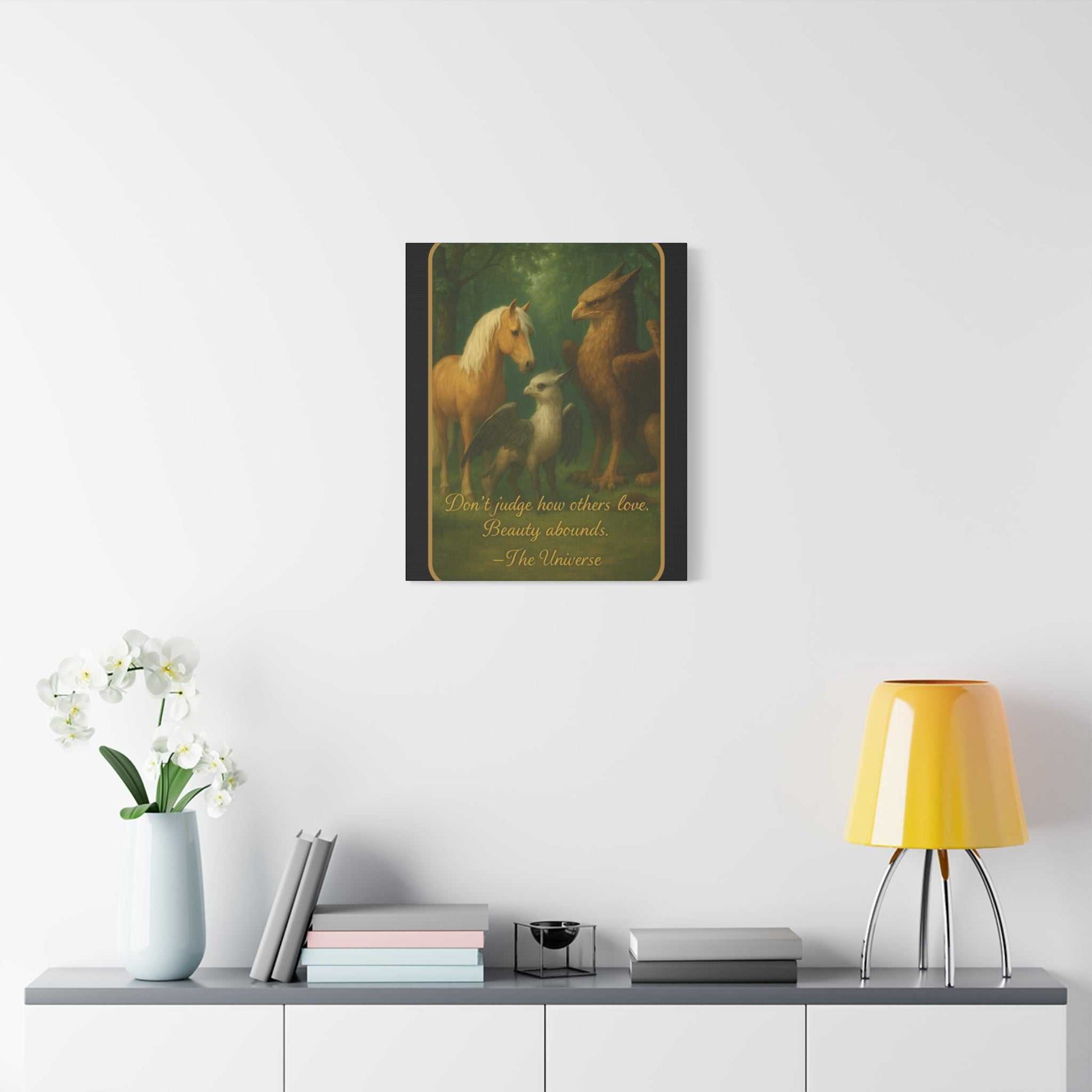 Wall art with mythical animals and inspirational quote, displayed above modern home decor