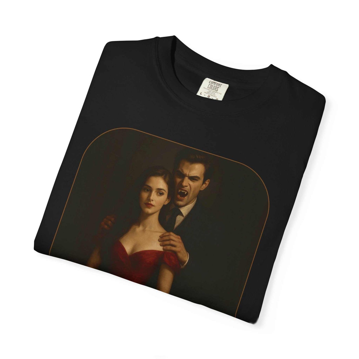 Black unisex cotton Vampire Graphic T-Shirt featuring a gothic vampire and woman design