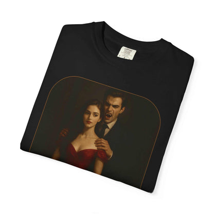 Black unisex cotton Vampire Graphic T-Shirt featuring a gothic vampire and woman design