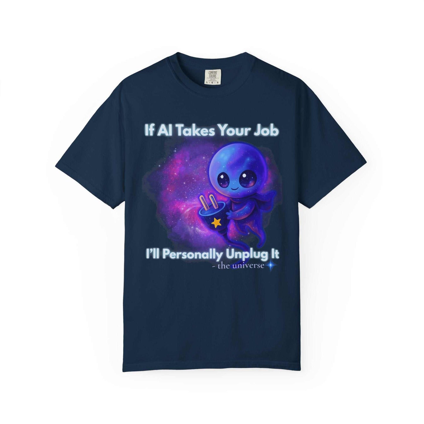 Comfort Colors navy t-shirt with "If AI Takes Your Job" text and purple alien graphic unplugging a power plug