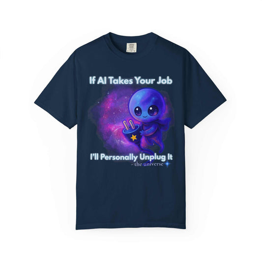 Comfort Colors navy t-shirt with "If AI Takes Your Job" text and purple alien graphic unplugging a power plug