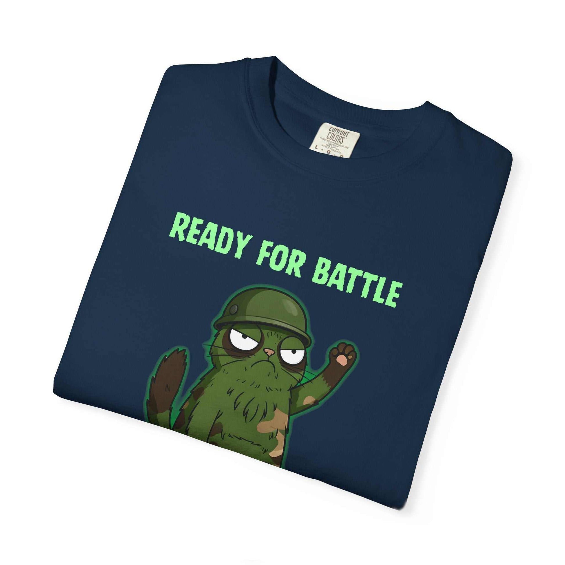Navy funny military sloth graphic t-shirt with "Ready for Battle" text and cartoon sloth in helmet