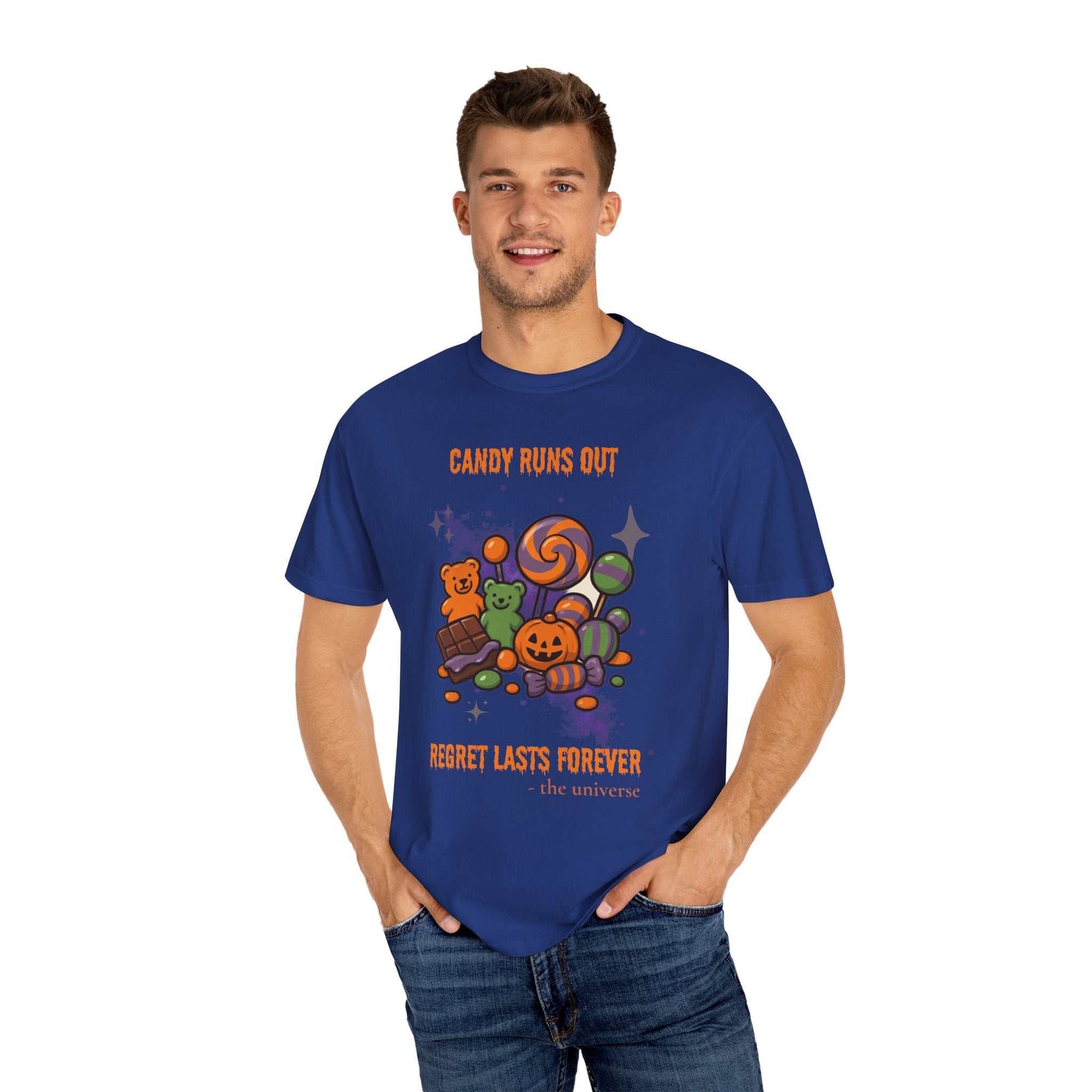 A blue t-shirt with a Halloween candy graphic and text.