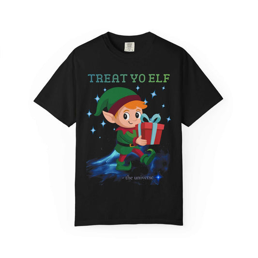 Kids black Treat Yo Elf Christmas T-Shirt with elf holding gift and festive stars graphic