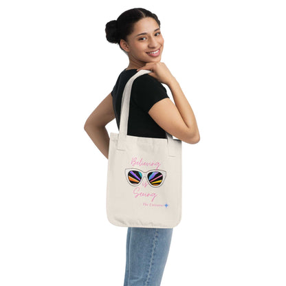Tote Bag — "Believing is Seeing" Sunglasses Graphic Organic Canvas Tote