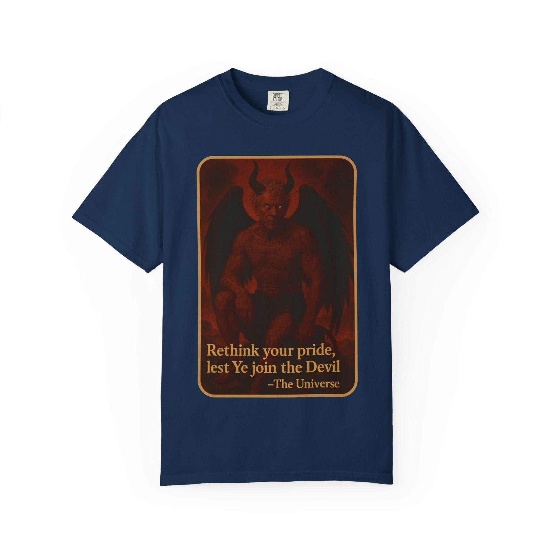 Devil Rethink Your Pride unisex garment-dyed cotton t-shirt with vintage devil graphic and quote