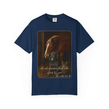 Comfort Colors 1717 navy Animal Rescue T-Shirt featuring a horse, dog, and cat with "Do Not Abandon Those Who Stood By You" quote.