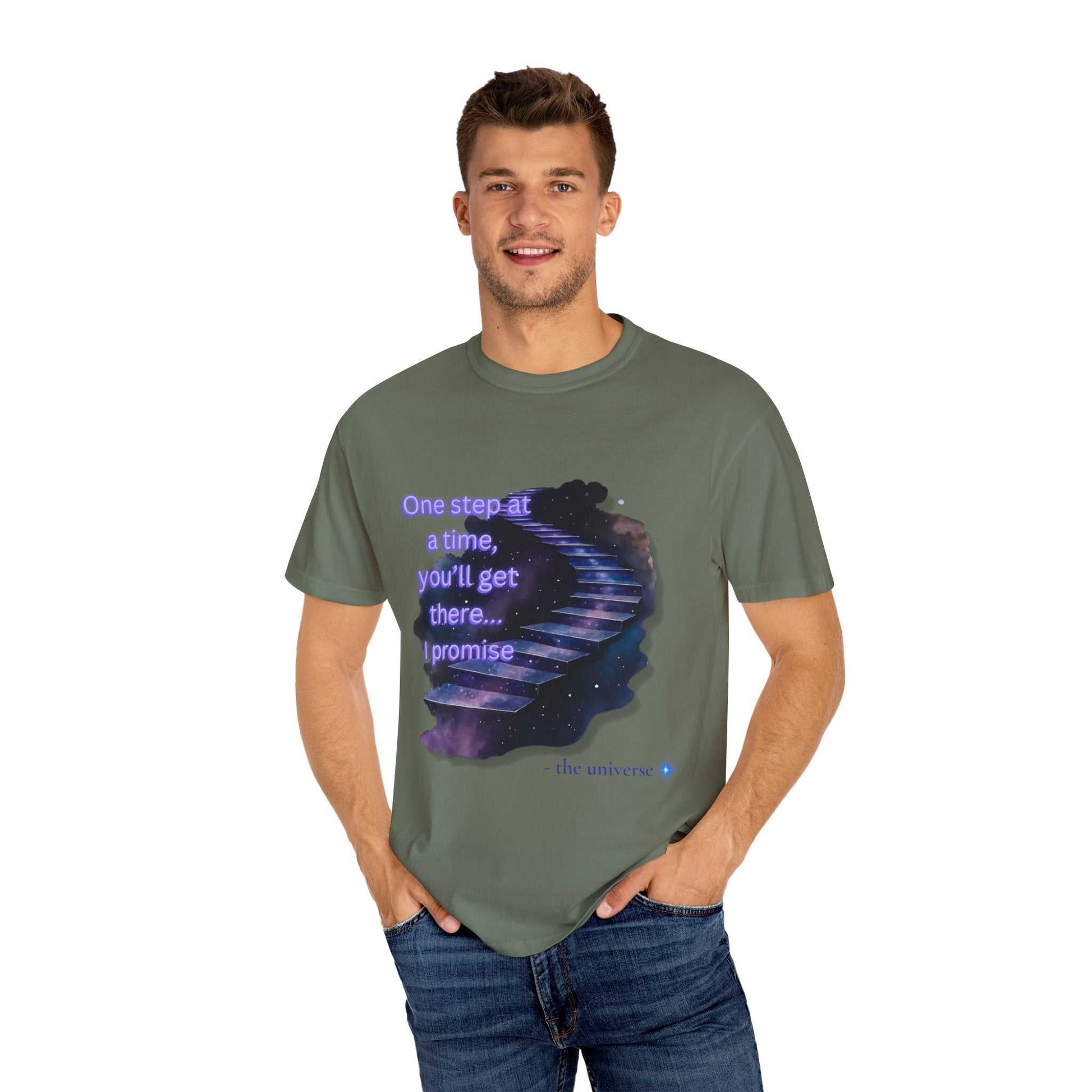 Man wearing Comfort Colors Motivational Stairway T-Shirt with starry staircase and motivational text in green garment-dyed cotton tee