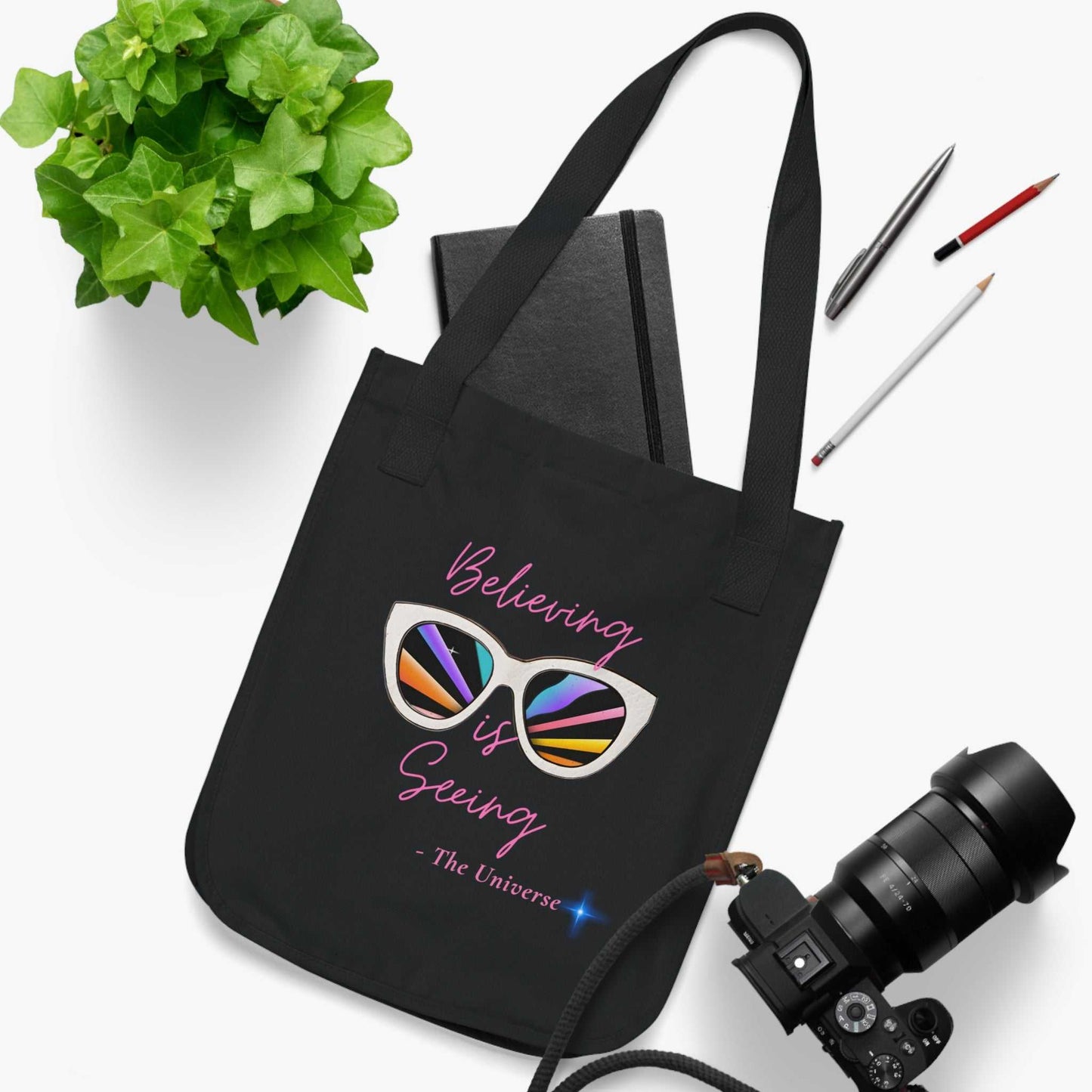 Tote Bag — "Believing is Seeing" Sunglasses Graphic Organic Canvas Tote