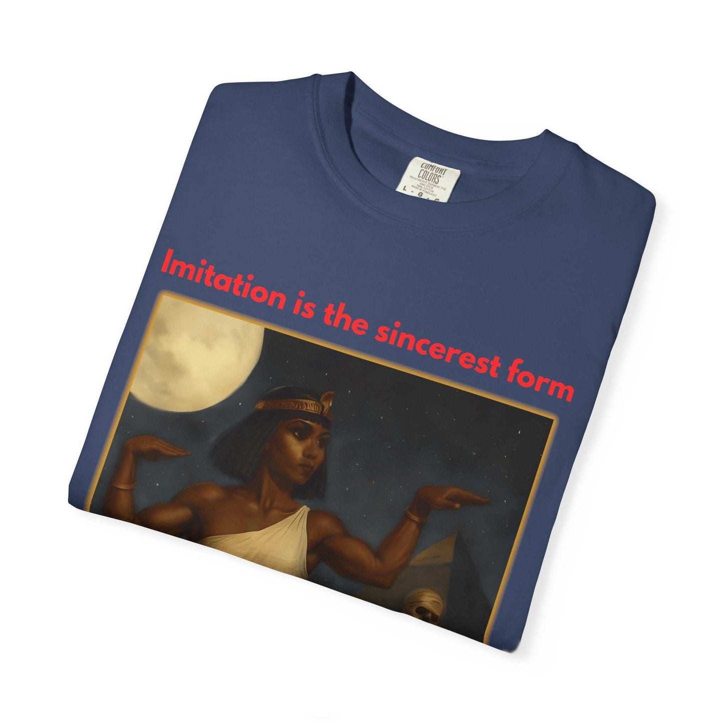 Unisex Egyptian Mummy T-shirt with Cleopatra design, 100% cotton, comfortable fit, blue tee