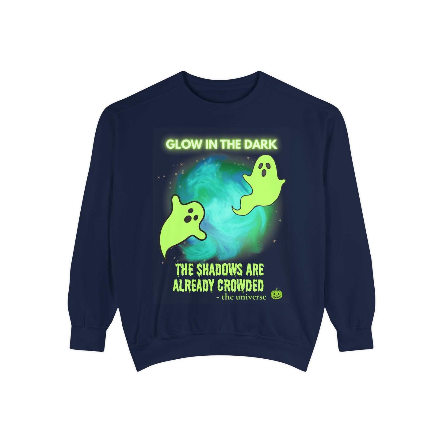 Unisex navy sweatshirt with glow in the dark ghost design and playful spooky text