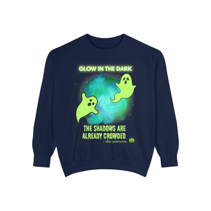 Unisex navy sweatshirt with glow in the dark ghost design and playful spooky text