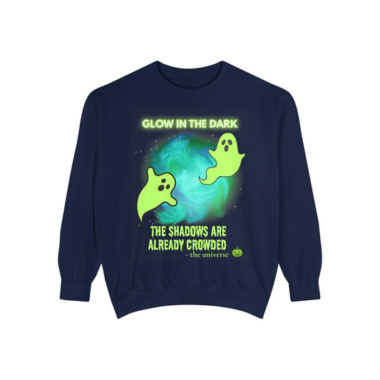 Unisex navy sweatshirt with glow in the dark ghost design and playful spooky text