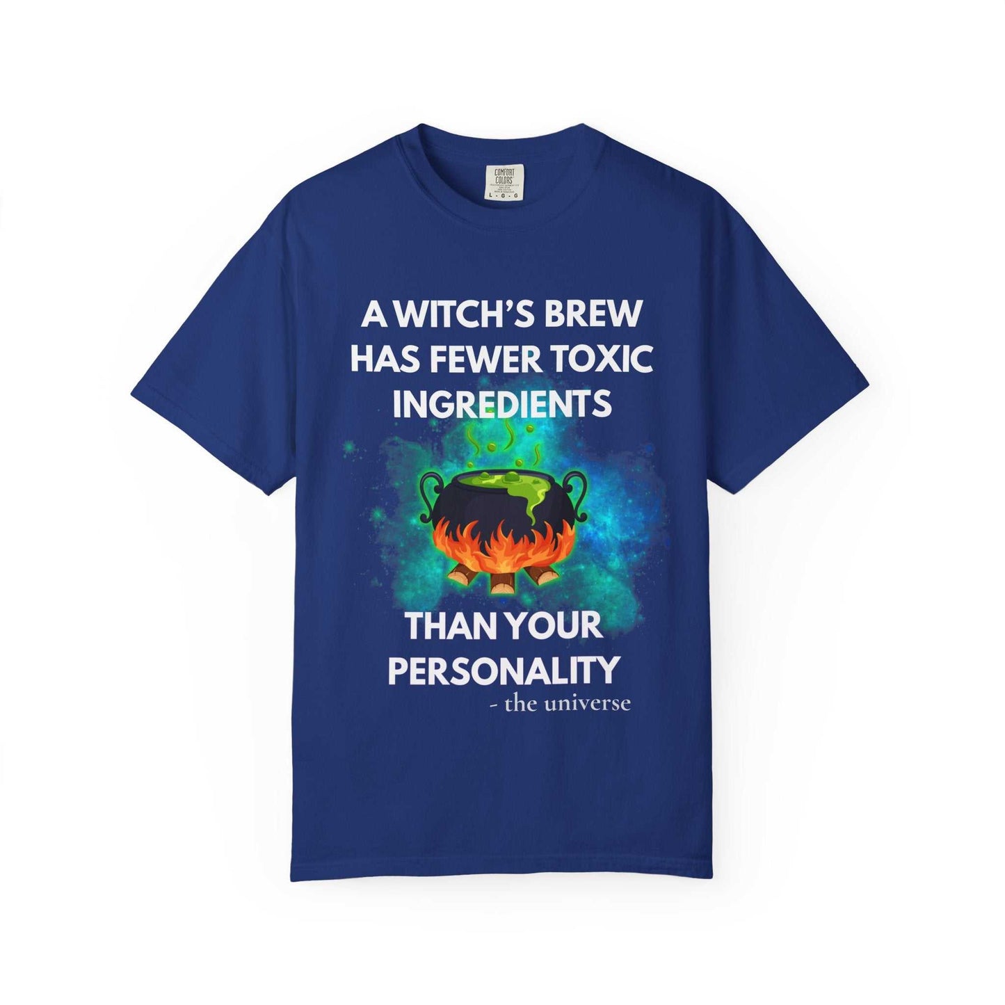 Blue t-shirt with a witch's cauldron design and text.