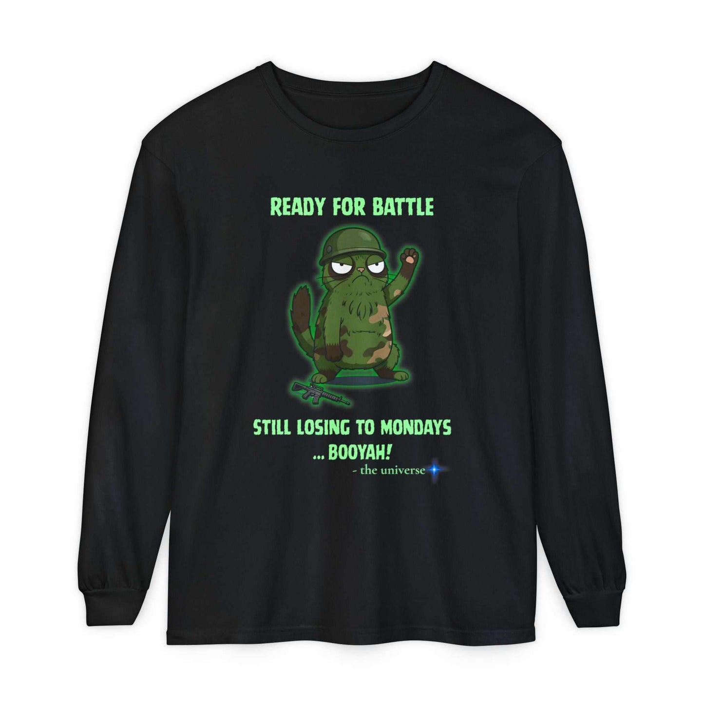 Black long sleeve tee with "Ready for Battle" cactus graphic and text on front