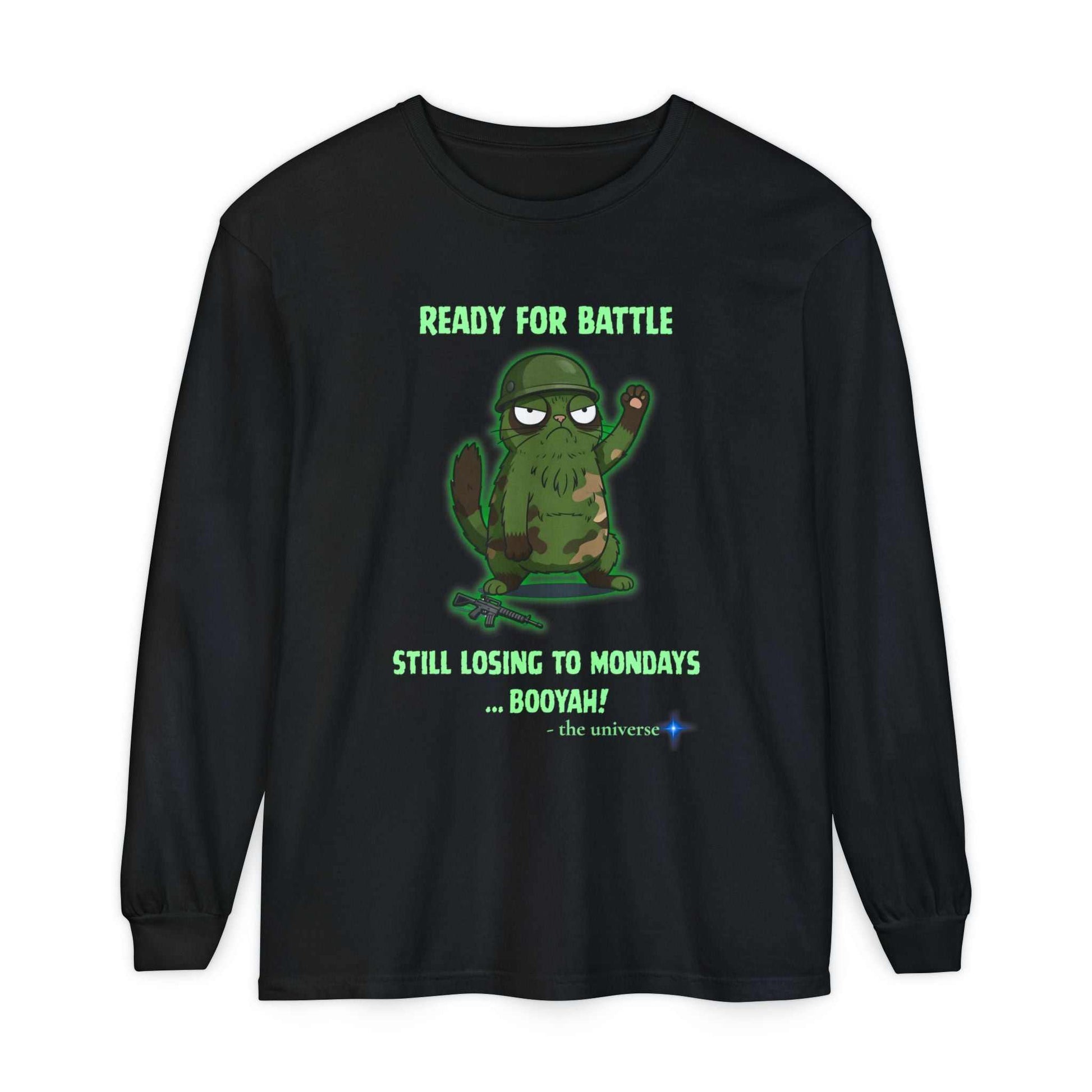 Black long sleeve tee with "Ready for Battle" cactus graphic and text on front