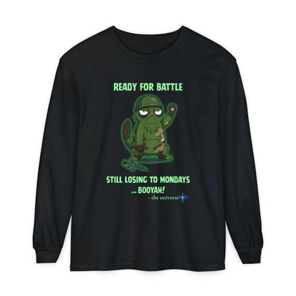 Black long sleeve tee with "Ready for Battle" cactus graphic and text on front