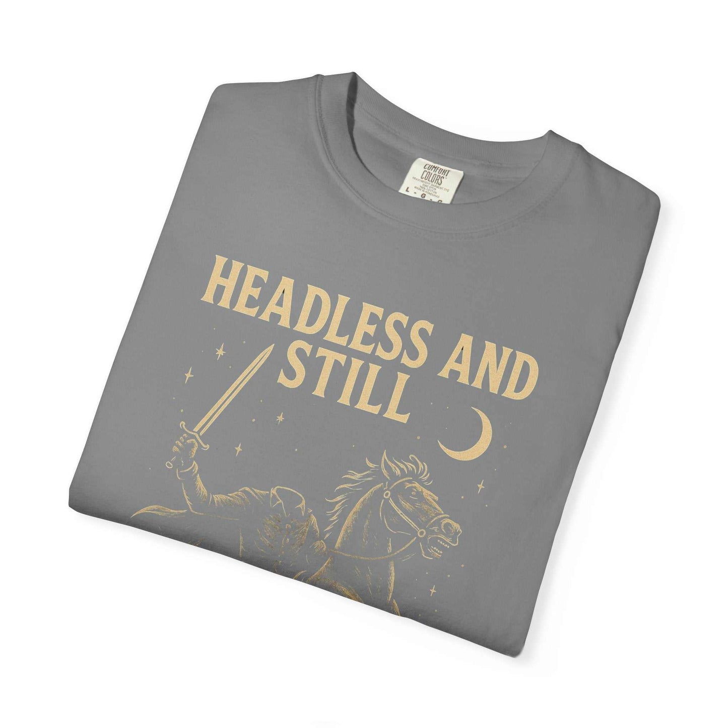 Gray Headless Horseman shirt with motivational Halloween design and eco-friendly print