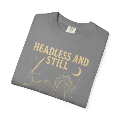 Gray Headless Horseman shirt with motivational Halloween design and eco-friendly print