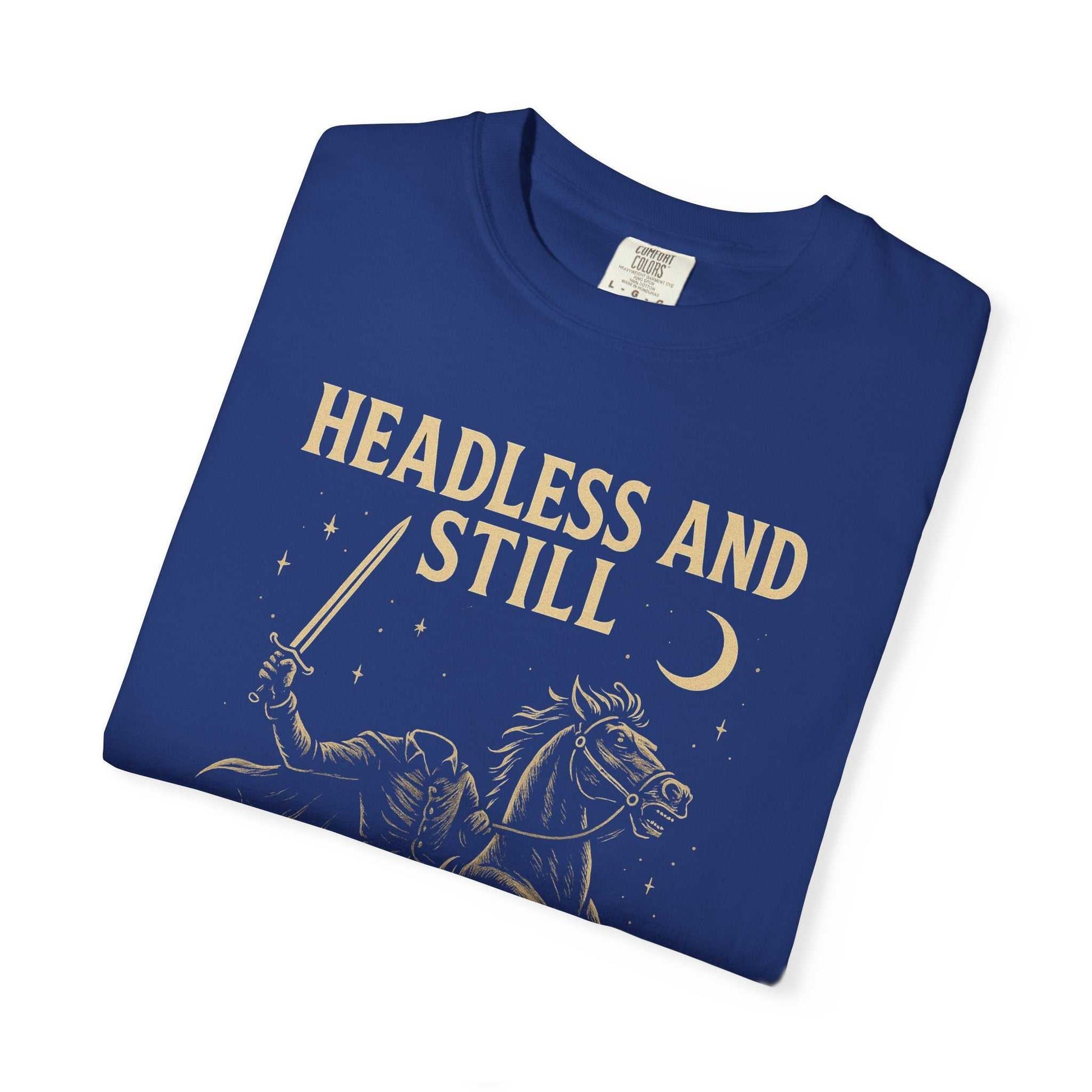 Blue Headless Horseman shirt with spooky motivational design and moon graphic