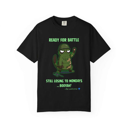 Funny military sloth graphic tee with "Ready for Battle" text, garment dyed black cotton t-shirt