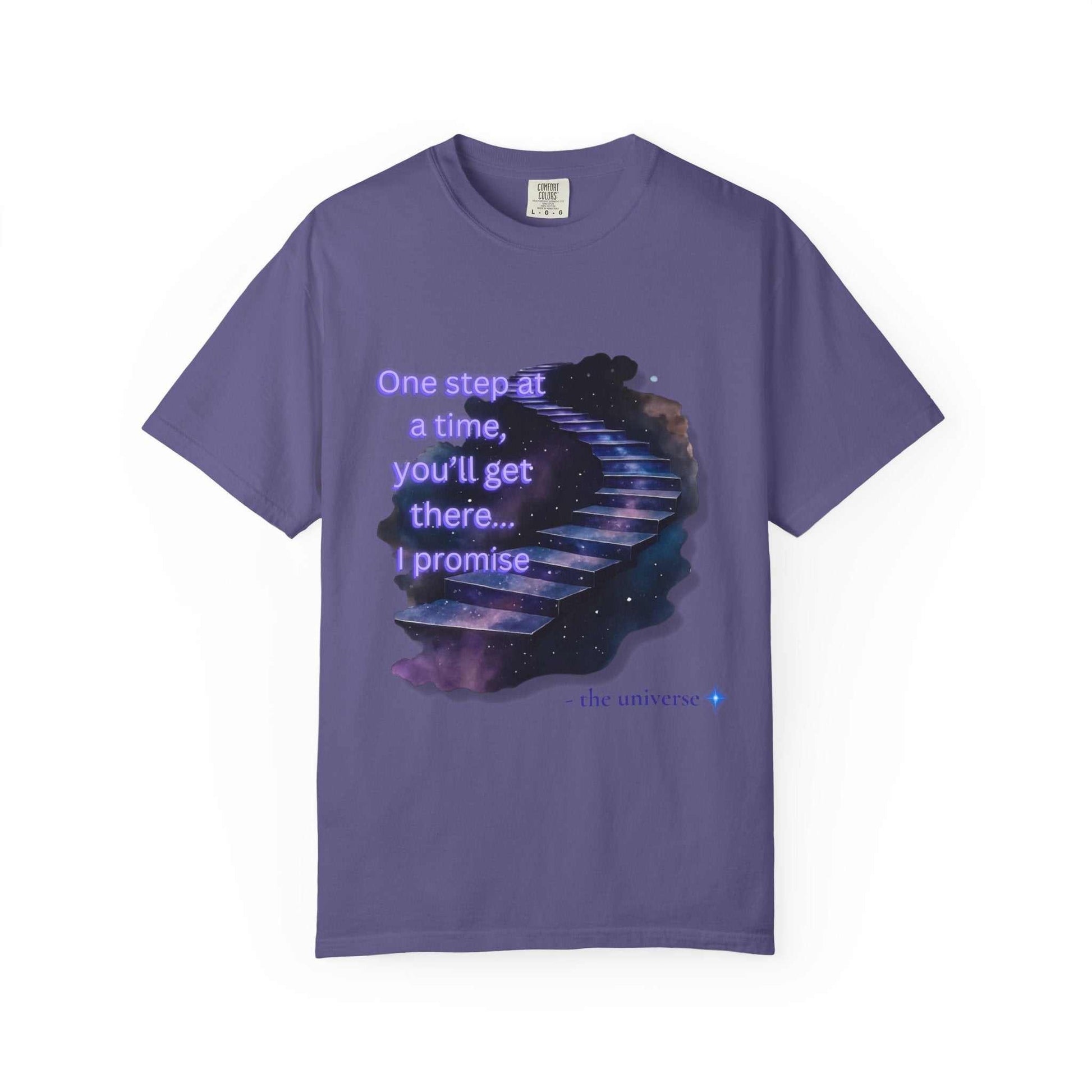 Purple Comfort Colors Motivational Stairway T-Shirt with starry staircase and inspirational quote on front, garment dyed cotton tee