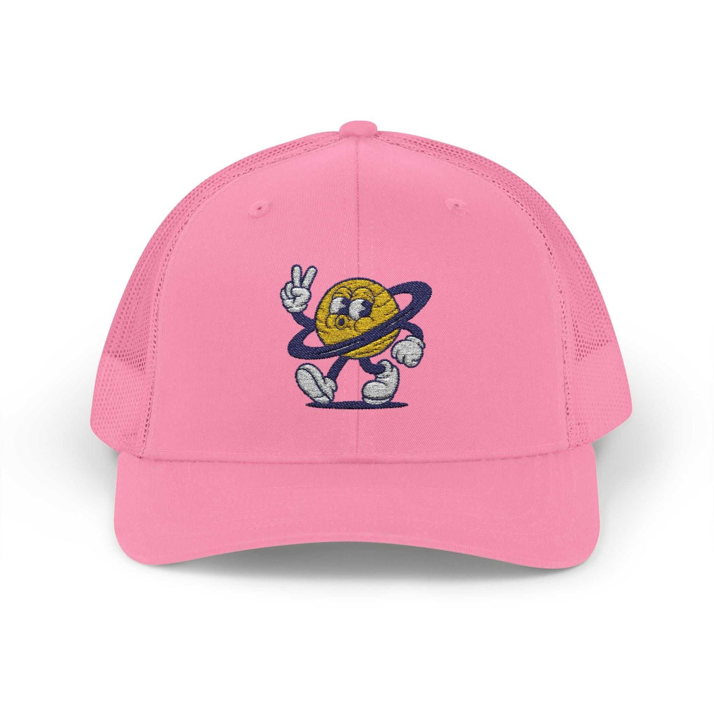 Pink Planet Smile Trucker Cap with retro cartoon space patch and breathable mesh back