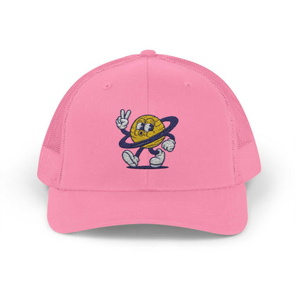 Pink Planet Smile Trucker Cap with retro cartoon space patch and breathable mesh back