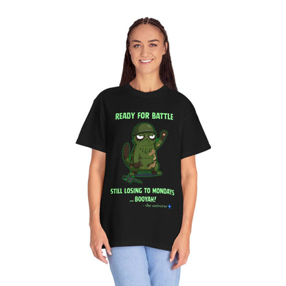 Woman wearing black funny military sloth graphic tee with "Ready for Battle" text and sloth illustration