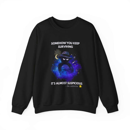 Funny Detective Sweatshirt – “It’s Almost Suspicious” Cosmic Crewneck, Unisex Black Pullover, Sarcastic Universe Gift for Mystery Lovers