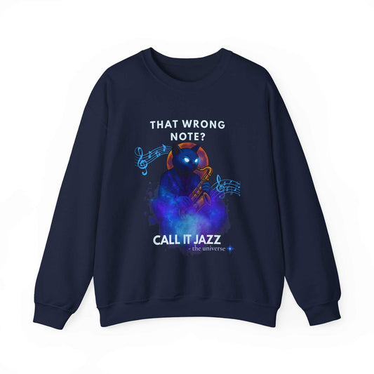 A navy sweatshirt with a cat playing a saxophone in space.