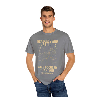 Man wearing gray Headless Horseman shirt with motivational Halloween design and text