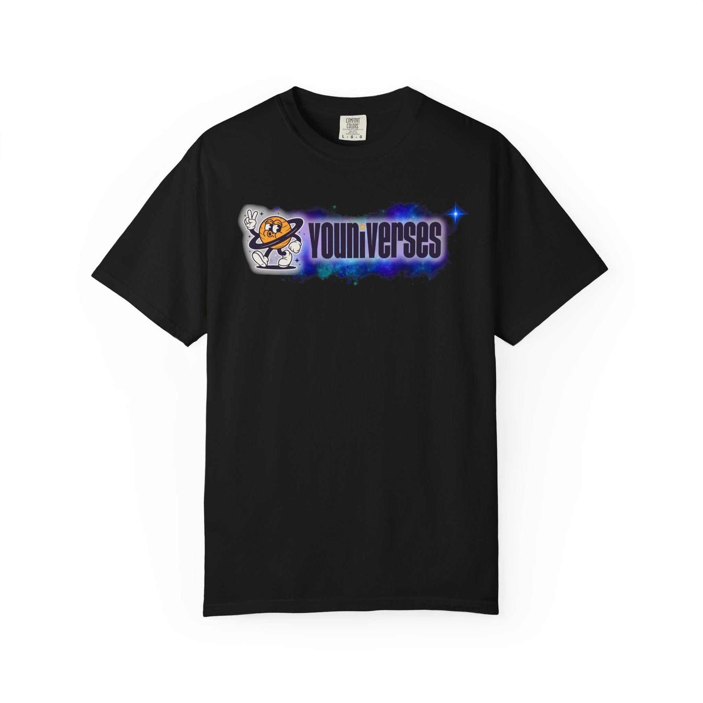 Black Youniverses Galaxy Logo T-Shirt with astronaut and nebula graphic on front