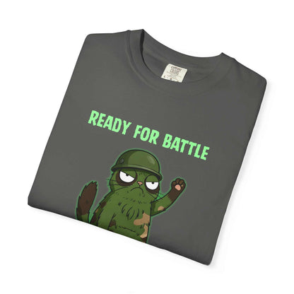 Funny Military Sloth T-Shirt with playful battle-ready sloth graphic and "READY FOR BATTLE" text on soft garment dyed fabric