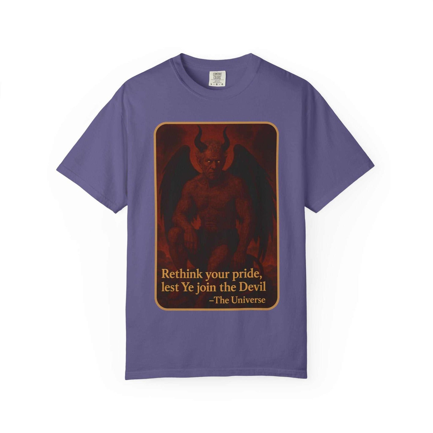 Devil Rethink Your Pride unisex garment-dyed cotton t-shirt with vintage devil graphic and edgy style message