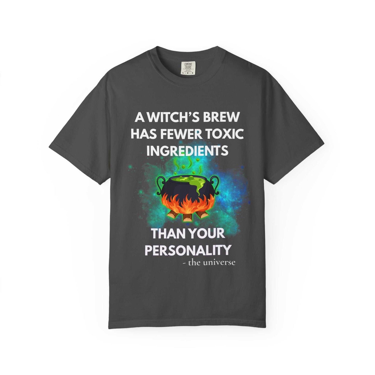 A dark grey t-shirt with a witch's cauldron design and text.