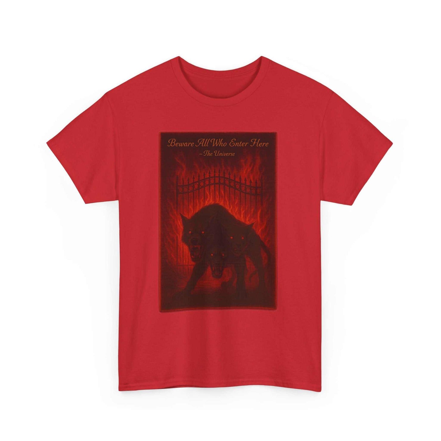 Red unisex heavy cotton T-shirt with dark Cerberus Guard mythical creature graphic design