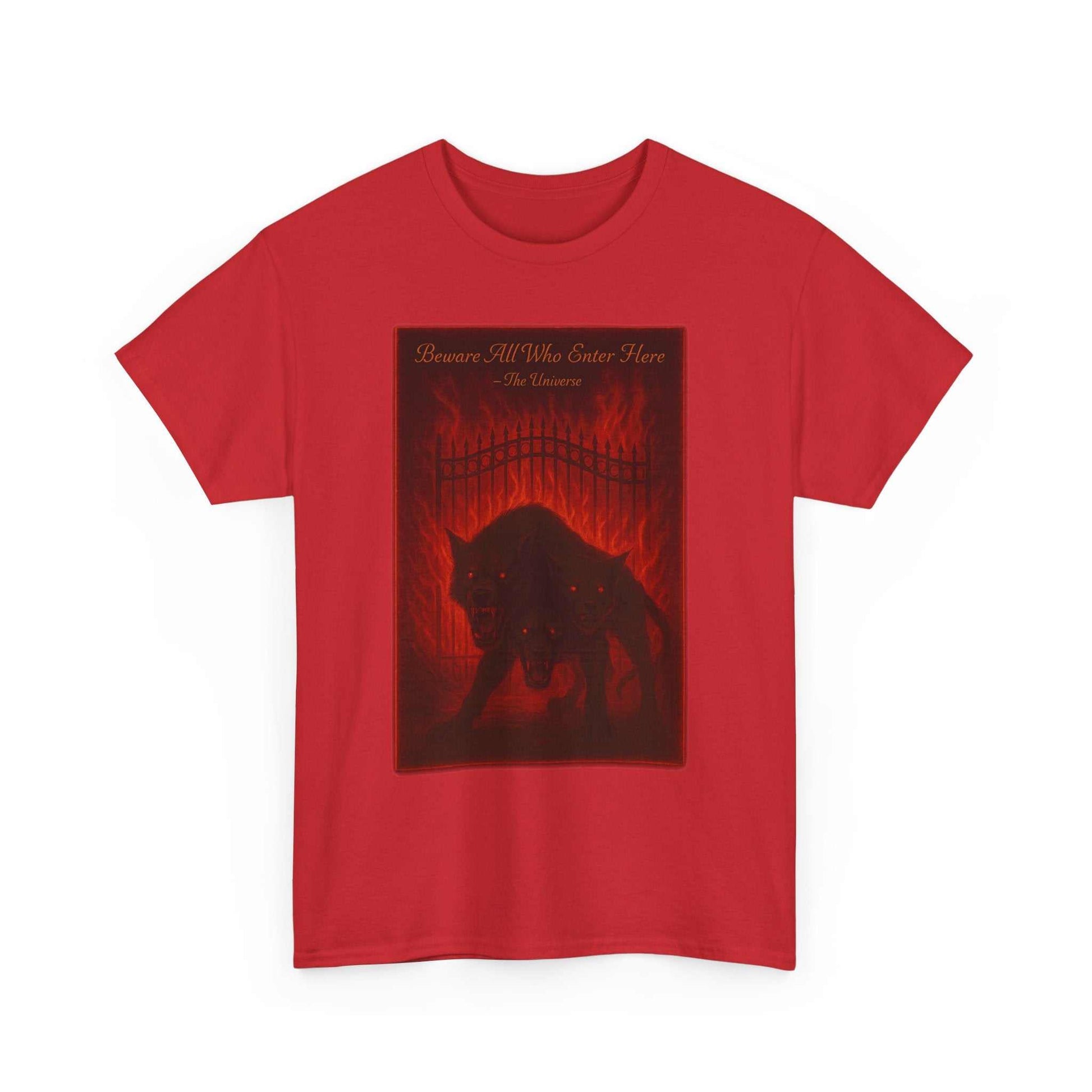 Red unisex heavy cotton T-shirt with dark Cerberus Guard mythical creature graphic design