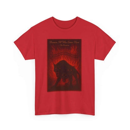 Red unisex heavy cotton T-shirt with dark Cerberus Guard mythical creature graphic design