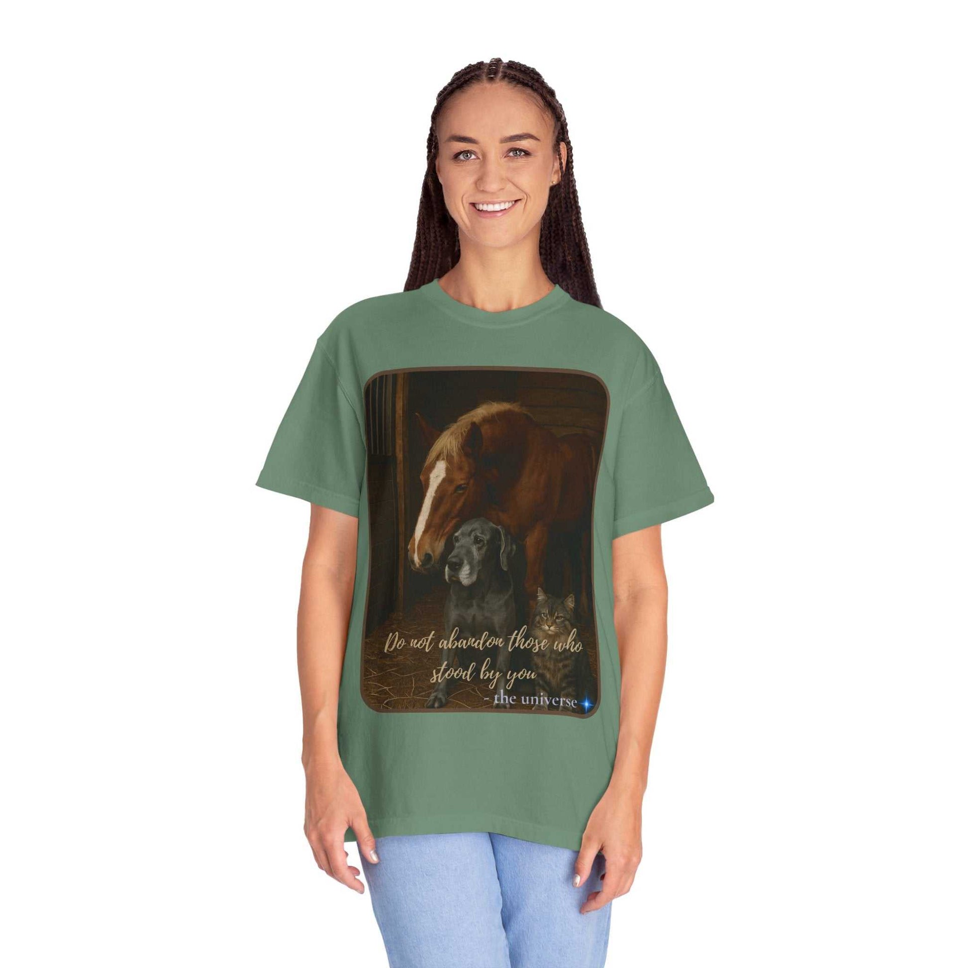woman wearing green Comfort Colors 1717 Animal Rescue T-Shirt with horse and dog image and "Do Not Abandon Those Who Stood By You" text